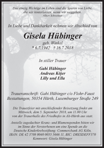 Anzeige von Gisela Hübinger von  Wochenende 