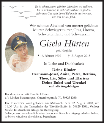 Anzeige von Gisela Hürten von Kölner Stadt-Anzeiger / Kölnische Rundschau / Express