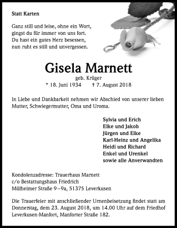 Anzeige von Gisela Marnett von Kölner Stadt-Anzeiger / Kölnische Rundschau / Express