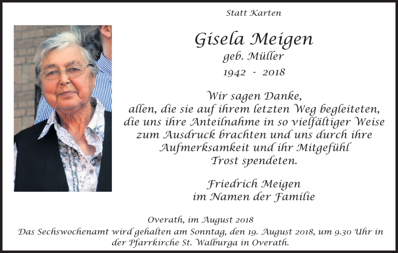  Traueranzeige für Gisela Meigen vom 11.08.2018 aus Kölner Stadt-Anzeiger / Kölnische Rundschau / Express