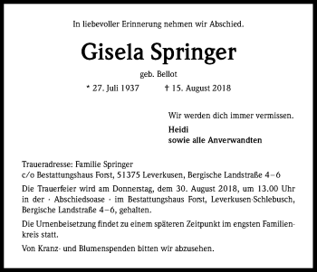 Anzeige von Gisela Springer von Kölner Stadt-Anzeiger / Kölnische Rundschau / Express