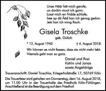 Anzeige von Gisela Troschke von Kölner Stadt-Anzeiger / Kölnische Rundschau / Express