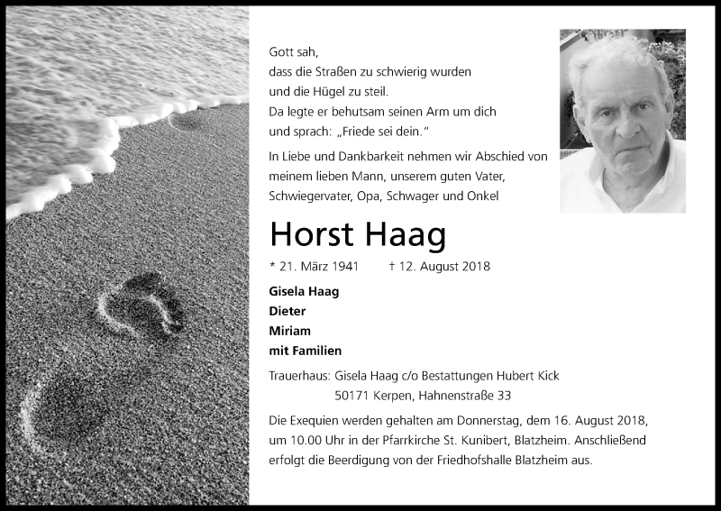  Traueranzeige für Gisela Haag Dieter Miriam vom 15.08.2018 aus Kölner Stadt-Anzeiger / Kölnische Rundschau / Express