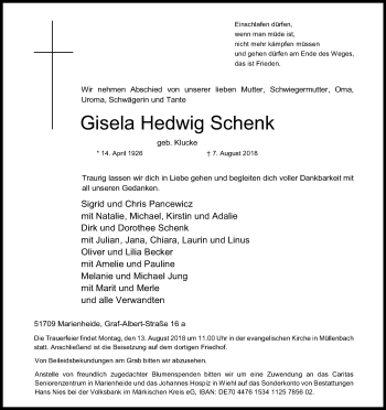 Anzeige von Gisela Hedwig Schenk von Kölner Stadt-Anzeiger / Kölnische Rundschau / Express