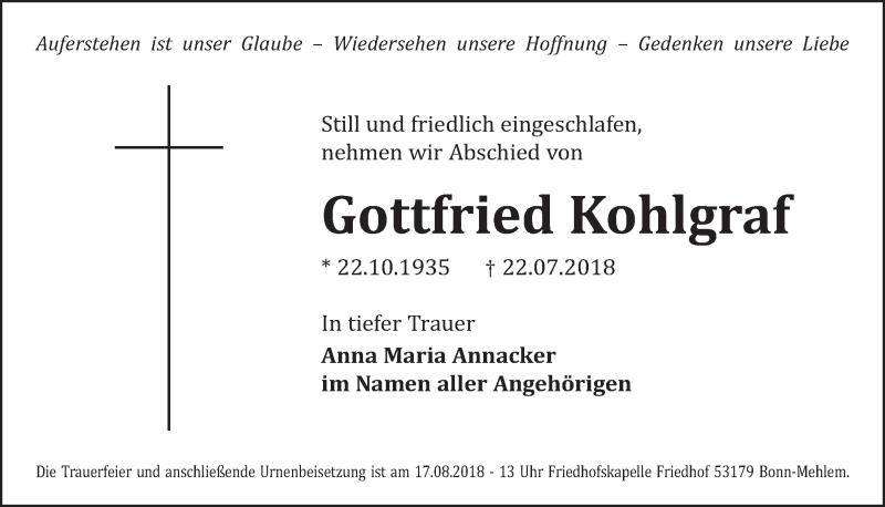  Traueranzeige für Gottfried Kohlgraf vom 15.08.2018 aus  Schlossbote/Werbekurier 