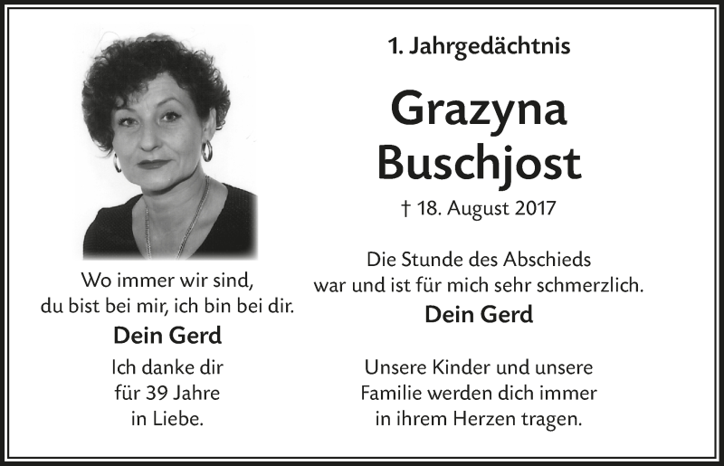  Traueranzeige für Grazyna Buschjost vom 22.08.2018 aus  Anzeigen Echo 