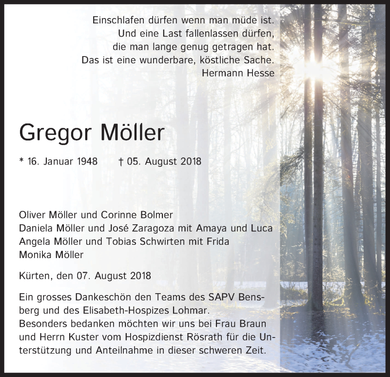  Traueranzeige für Gregor Möller vom 09.08.2018 aus Kölner Stadt-Anzeiger / Kölnische Rundschau / Express