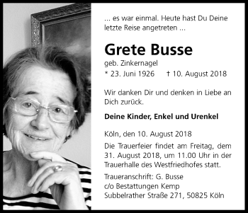 Anzeige von Grete Busse von Kölner Stadt-Anzeiger / Kölnische Rundschau / Express