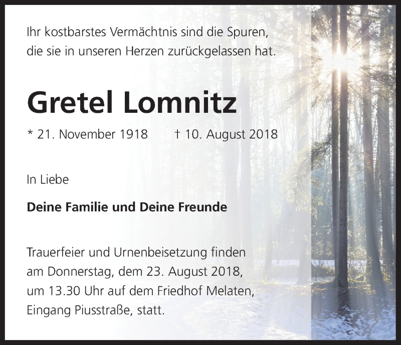 Traueranzeige für Gretel Lomnitz vom 18.08.2018 aus Kölner Stadt-Anzeiger / Kölnische Rundschau / Express