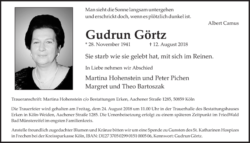  Traueranzeige für Gudrun Görtz vom 18.08.2018 aus  Sonntags-Post 