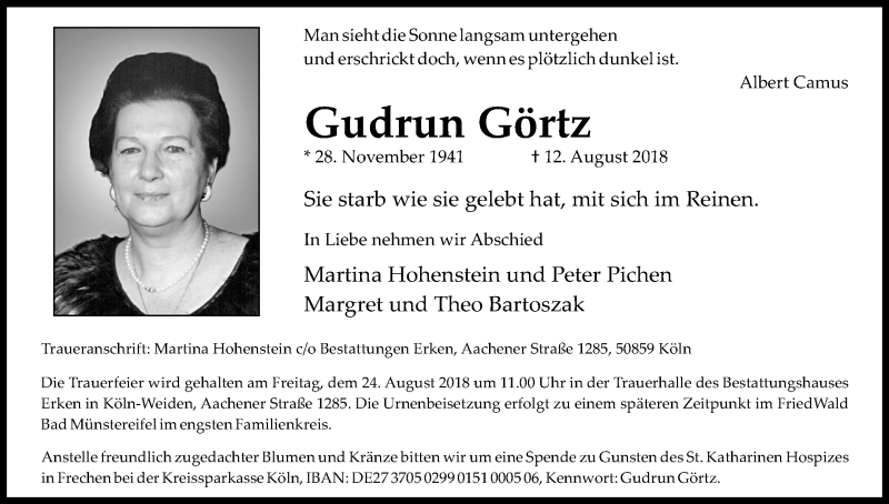  Traueranzeige für Gudrun Görtz vom 18.08.2018 aus Kölner Stadt-Anzeiger / Kölnische Rundschau / Express