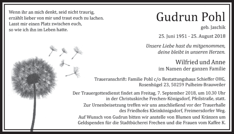  Traueranzeige für Gudrun Pohl vom 01.09.2018 aus  Sonntags-Post 