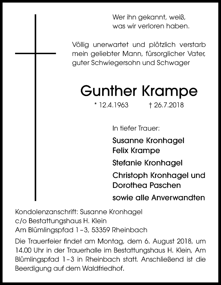  Traueranzeige für Gunther Krampe vom 04.08.2018 aus Kölner Stadt-Anzeiger / Kölnische Rundschau / Express