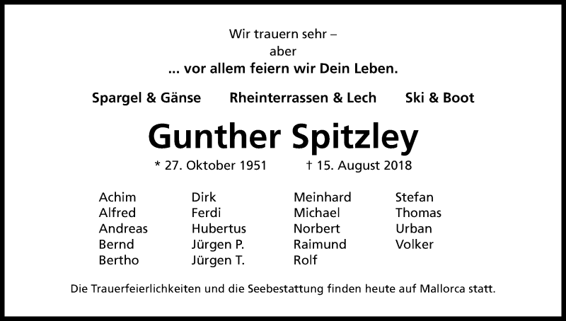  Traueranzeige für Gunther Spitzley vom 25.08.2018 aus Kölner Stadt-Anzeiger / Kölnische Rundschau / Express
