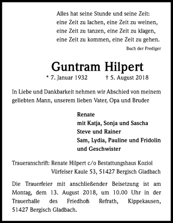 Anzeige von Guntram Hilpert von Kölner Stadt-Anzeiger / Kölnische Rundschau / Express
