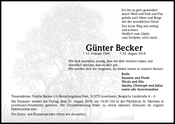 Anzeige von Günter Becker von Kölner Stadt-Anzeiger / Kölnische Rundschau / Express