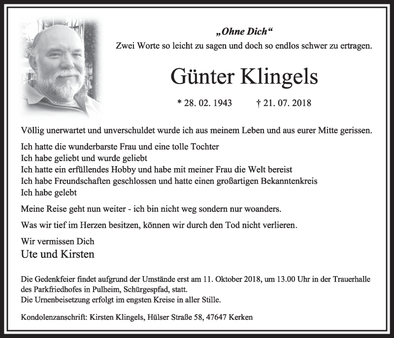  Traueranzeige für Günter Klingels vom 04.08.2018 aus  Sonntags-Post 