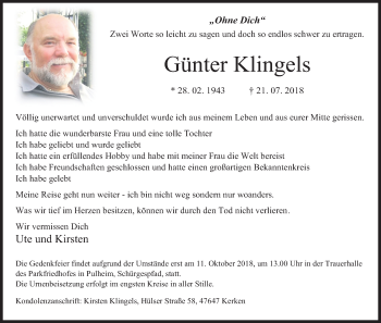 Anzeige von Günter Klingels von Kölner Stadt-Anzeiger / Kölnische Rundschau / Express