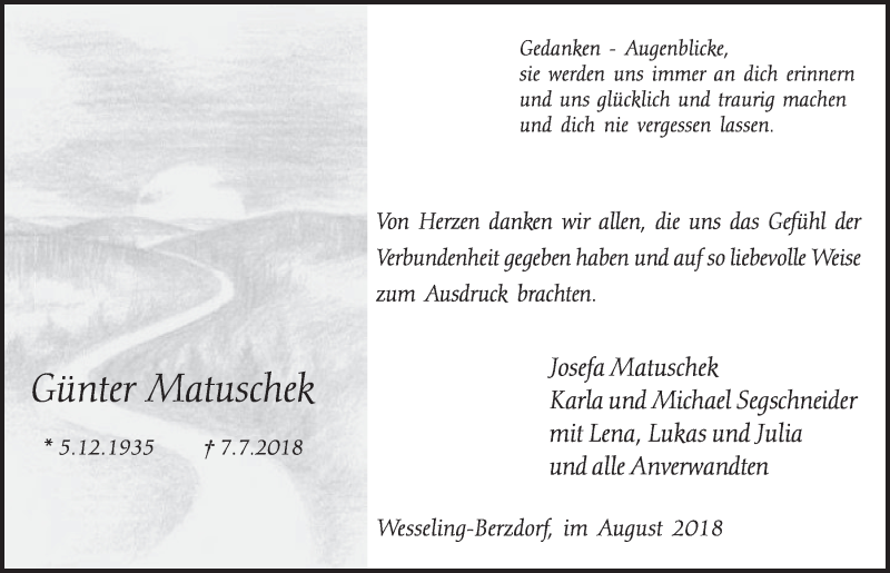  Traueranzeige für Günter Matuschek vom 08.08.2018 aus  Schlossbote/Werbekurier 