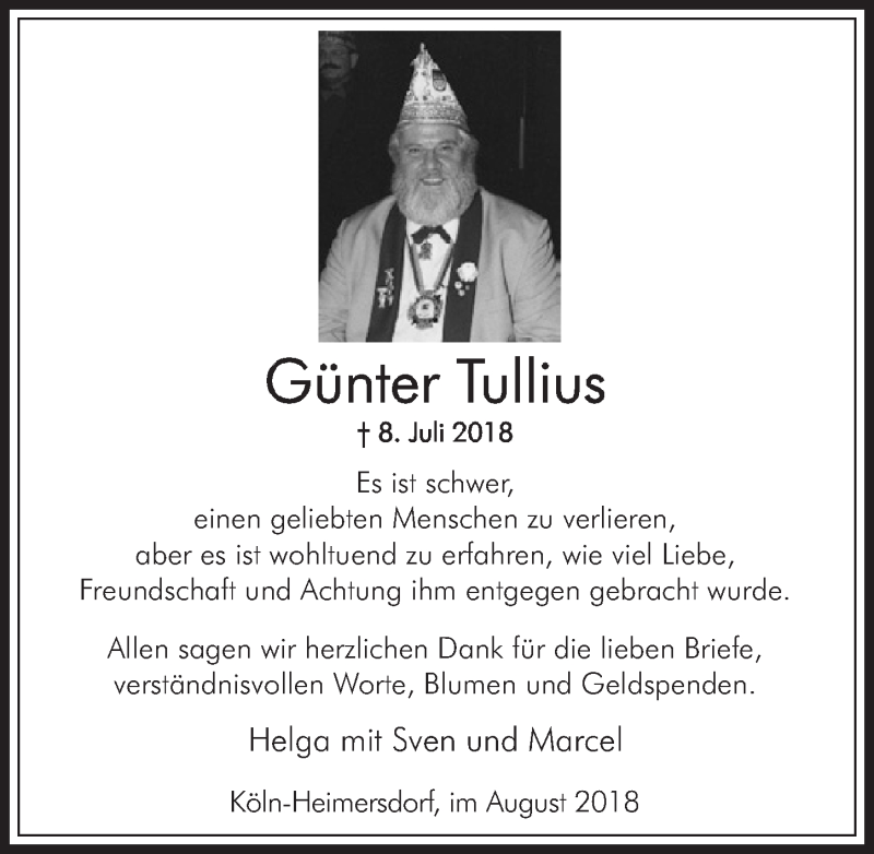  Traueranzeige für Günter Tullius vom 22.08.2018 aus  Kölner Wochenspiegel 