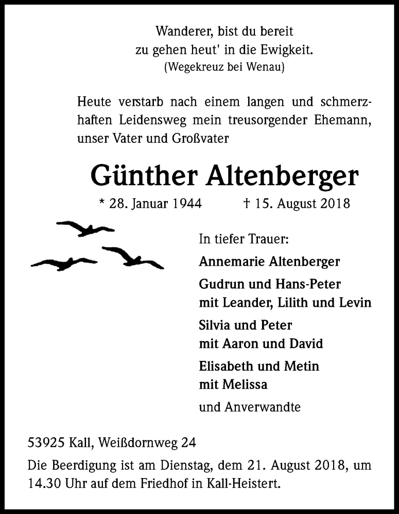  Traueranzeige für Günther Altenberger vom 18.08.2018 aus Kölner Stadt-Anzeiger / Kölnische Rundschau / Express
