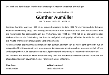 Anzeige von Günther Aumüller von Kölner Stadt-Anzeiger / Kölnische Rundschau / Express