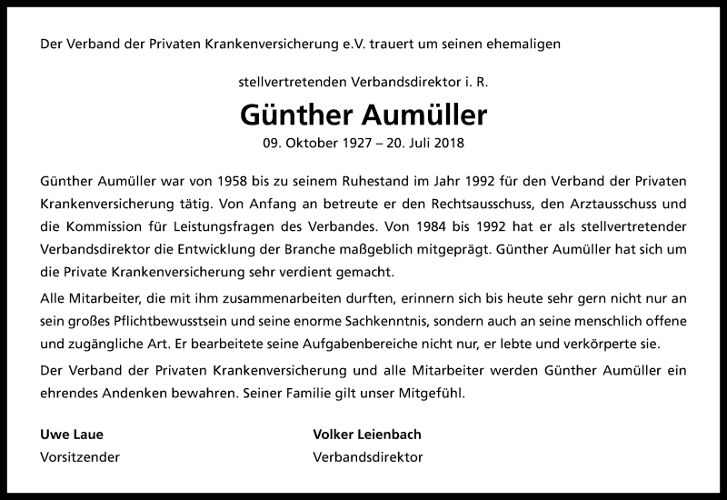  Traueranzeige für Günther Aumüller vom 04.08.2018 aus Kölner Stadt-Anzeiger / Kölnische Rundschau / Express
