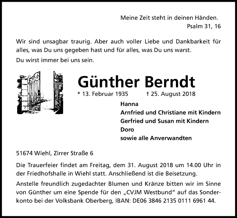  Traueranzeige für Günther Berndt vom 28.08.2018 aus Kölner Stadt-Anzeiger / Kölnische Rundschau / Express