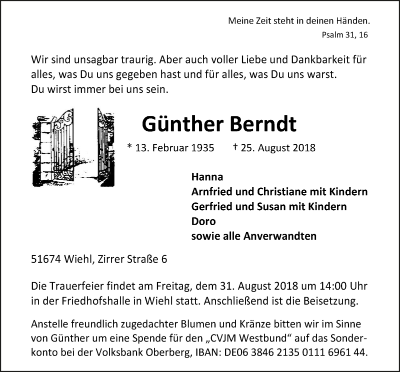  Traueranzeige für Günther Berndt vom 29.08.2018 aus  Anzeigen Echo 