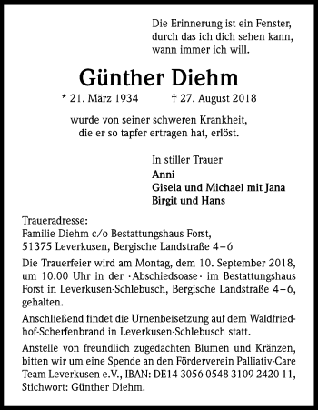 Anzeige von Günther Diehm von Kölner Stadt-Anzeiger / Kölnische Rundschau / Express