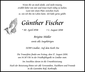 Anzeige von Günther Fischer von Kölner Stadt-Anzeiger / Kölnische Rundschau / Express