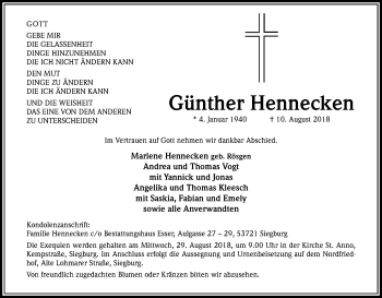Anzeige von Günther Hennecken von Kölner Stadt-Anzeiger / Kölnische Rundschau / Express