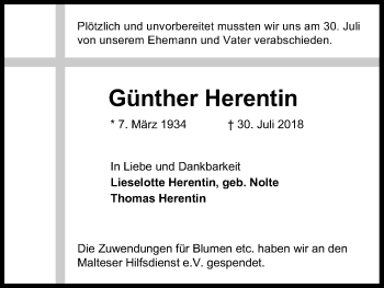 Anzeige von Günther Herentin von Kölner Stadt-Anzeiger / Kölnische Rundschau / Express