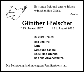 Anzeige von Günther Hielscher von Kölner Stadt-Anzeiger / Kölnische Rundschau / Express