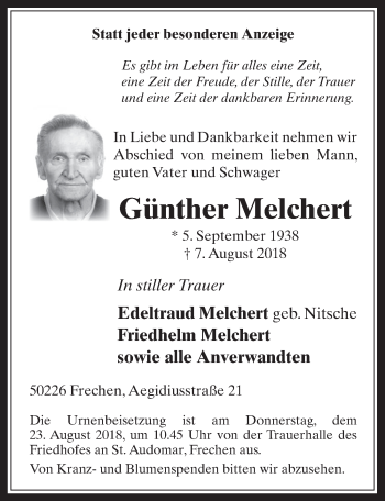 Anzeige von Günther Melchert von  Wochenende 
