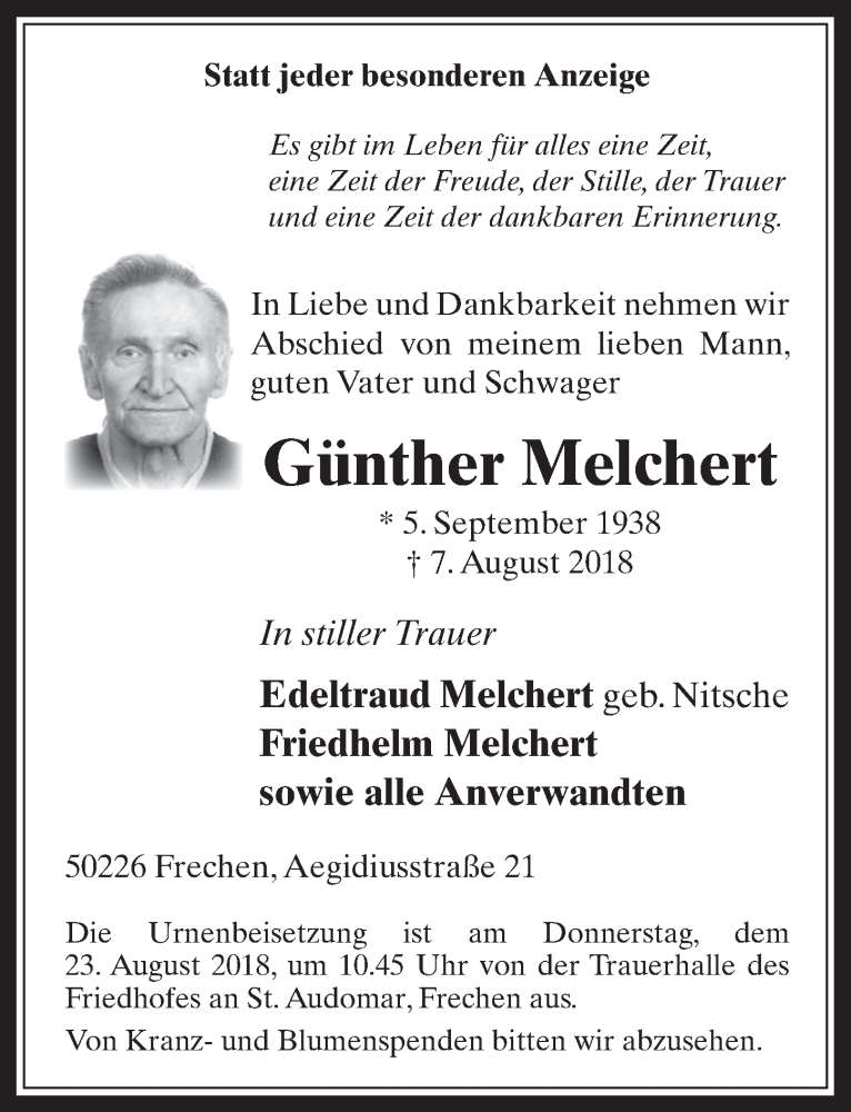  Traueranzeige für Günther Melchert vom 15.08.2018 aus  Wochenende 
