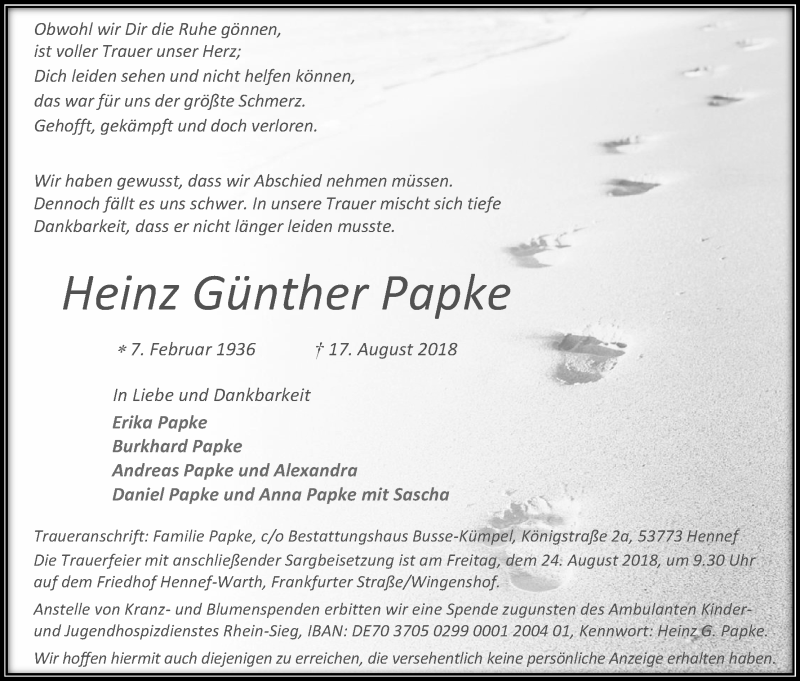  Traueranzeige für Günther Papke vom 21.08.2018 aus Kölner Stadt-Anzeiger / Kölnische Rundschau / Express