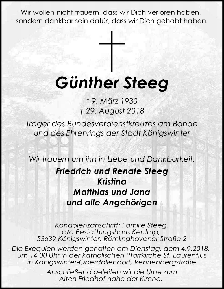  Traueranzeige für Günther Steeg vom 01.09.2018 aus Kölner Stadt-Anzeiger / Kölnische Rundschau / Express