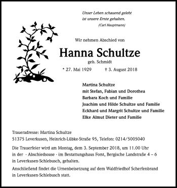 Anzeige von Hanna Schultze von Kölner Stadt-Anzeiger / Kölnische Rundschau / Express