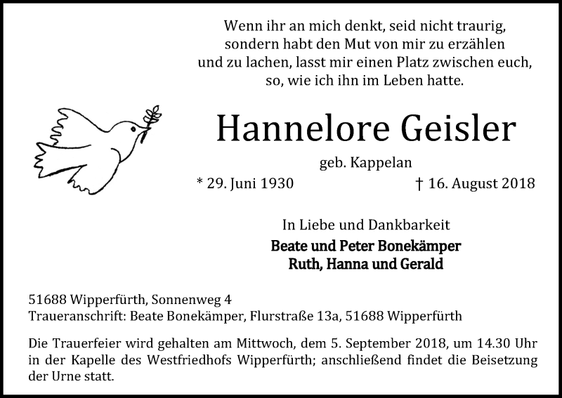  Traueranzeige für Hannelore Geisler vom 22.08.2018 aus Kölner Stadt-Anzeiger / Kölnische Rundschau / Express