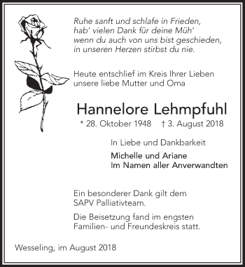Anzeige von Hannelore Lehmpfuhl von  Schlossbote/Werbekurier 