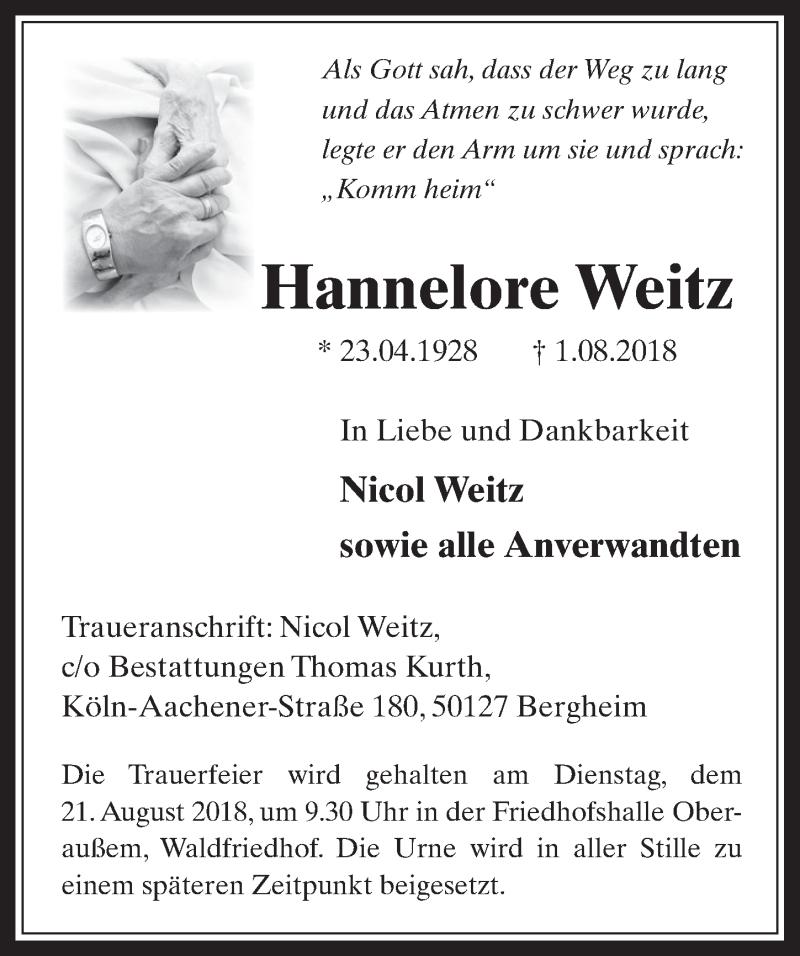  Traueranzeige für Hannelore Weitz vom 15.08.2018 aus  Werbepost 