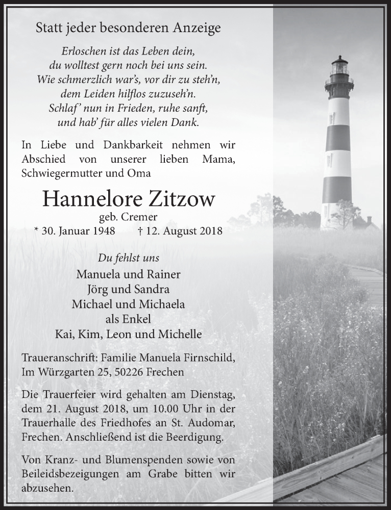  Traueranzeige für Hannelore Zitzow vom 18.08.2018 aus  Sonntags-Post 