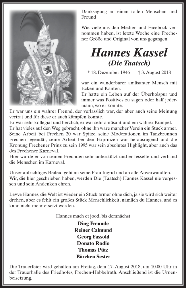 Traueranzeige für Hannes Kassel vom 15.08.2018 aus  Wochenende 