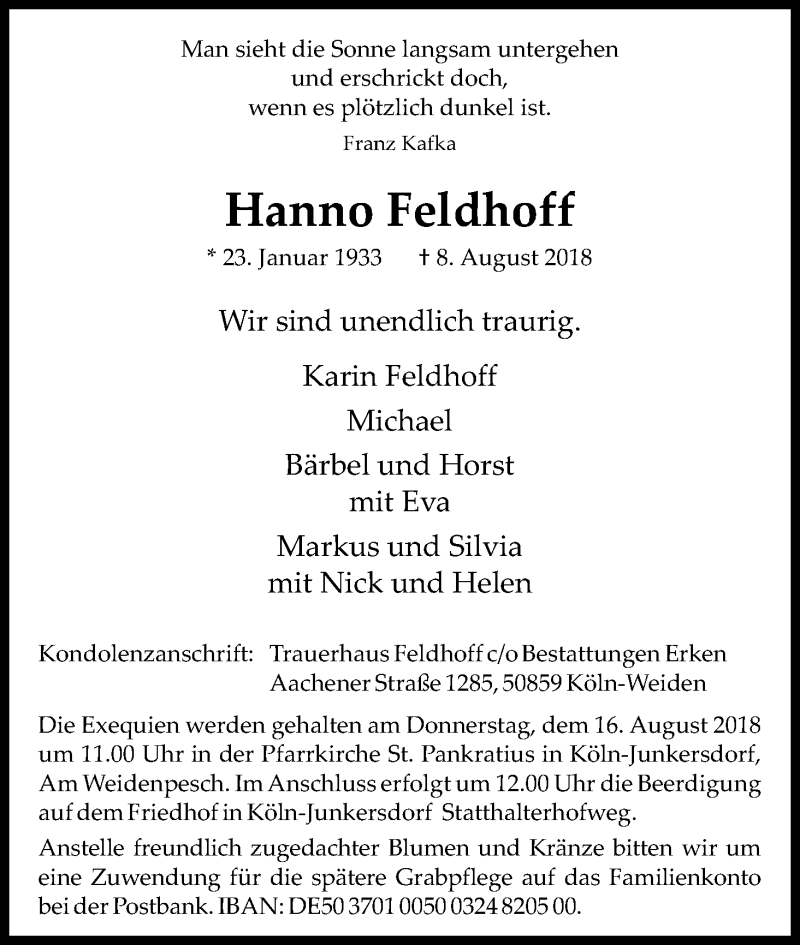  Traueranzeige für Hanno Feldhoff vom 11.08.2018 aus Kölner Stadt-Anzeiger / Kölnische Rundschau / Express