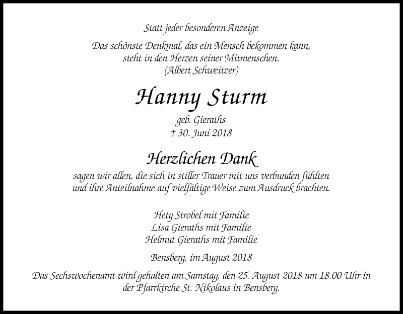  Traueranzeige für Hanny Sturm vom 18.08.2018 aus Kölner Stadt-Anzeiger / Kölnische Rundschau / Express