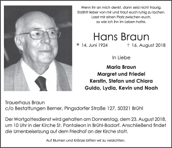 Anzeige von Hans Braun von  Schlossbote/Werbekurier 