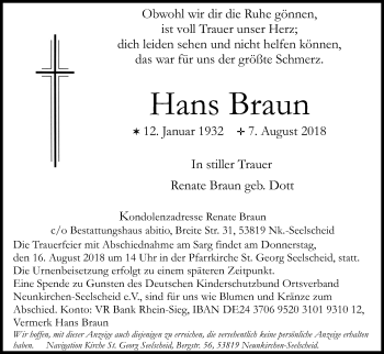 Anzeige von Hans Braun von Kölner Stadt-Anzeiger / Kölnische Rundschau / Express