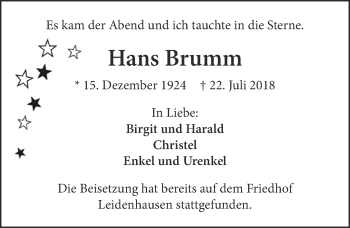 Anzeige von Hans Brumm von  Kölner Wochenspiegel 