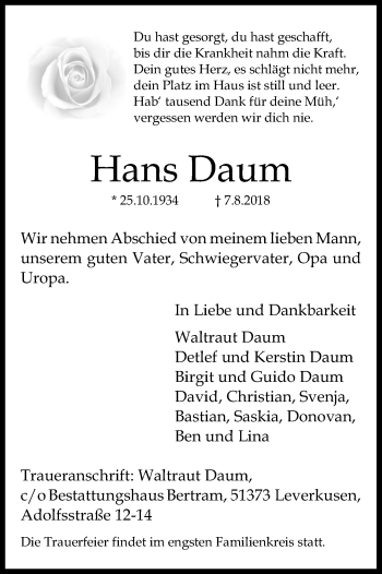 Anzeige von Hans Daum von Kölner Stadt-Anzeiger / Kölnische Rundschau / Express